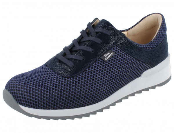 Finn Comfort Damen Schnürhalbschuhe aus Mesh und Glattleder in Dunkelblau, hellgrauer Sohlenrand