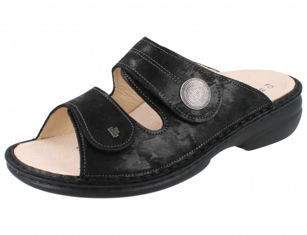 Damen Bequempantolette mit zwei Klettriemen und Schmuckstein aus Nubukleder mit Schimmer in Schwarz