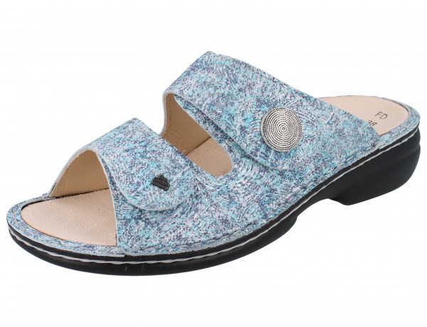 Blau gemusterte geprägte Lederpantolette mit dunkler Laufsohle und Lederfußbett