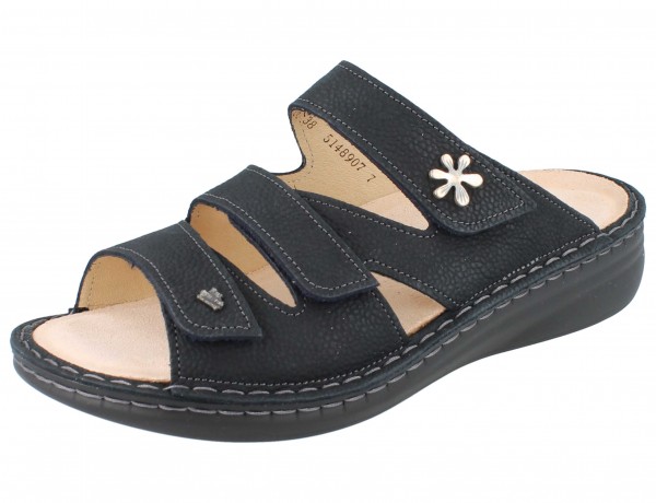 Finn Comfort Damen Bequempantolette mit drei Klettverschlüssen aus Nubukleder in Dunkelblau