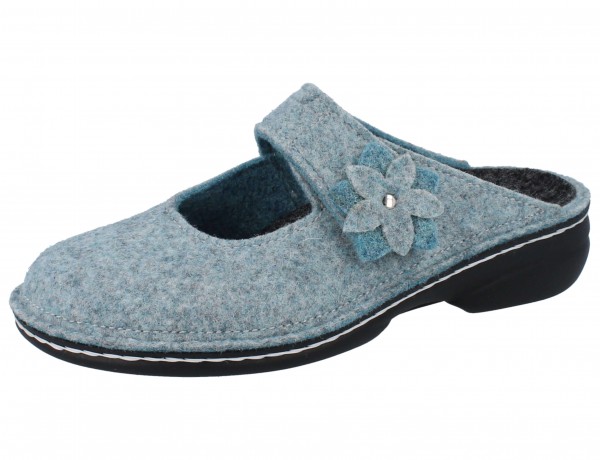 FinnComfort hellblauer Filzdamenclog mit Klettverschlusspange und Wechselfußbett