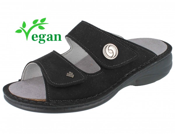 schwarze vegane Damen Bequem Pantolette mit zwei Klettriemen