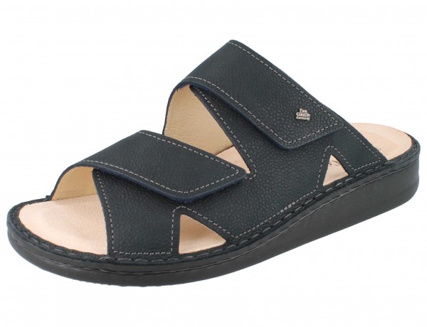Finn Comfort moderne, leicht gepolsterte Herren Pantolette mit zwei Klettriemen aus genarbtem Nubukleder in Dunkelblau
