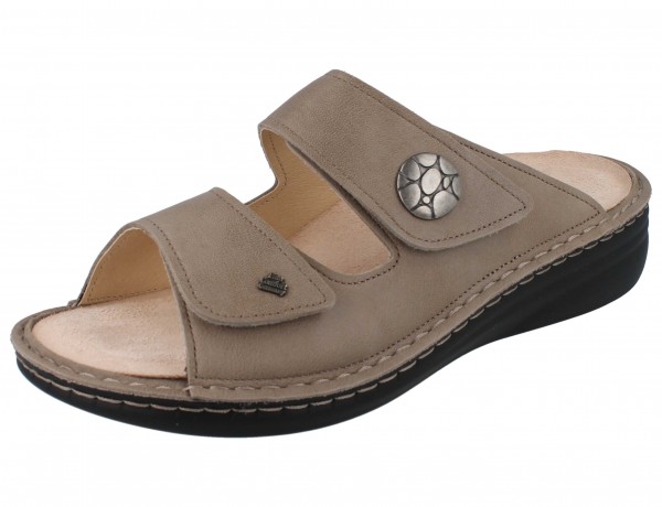 Finn Comfort Damen Pantolette, zwei Klettriemen, Metallschmuckstein, Glattleder in Beige, schwarze Sohle