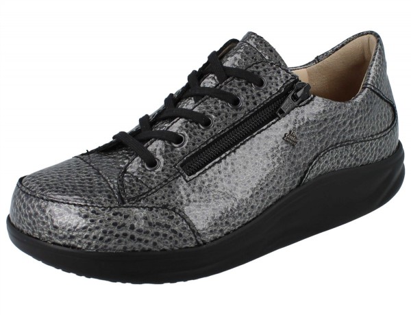 Grau genarbter Lackleder Damen Schnürhalbschuh mit Finnamicsohle