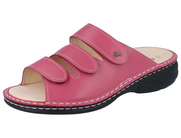 Damen Bequempantolette Glattleder pink mit Klettverschlüssen und Wechselfußbett