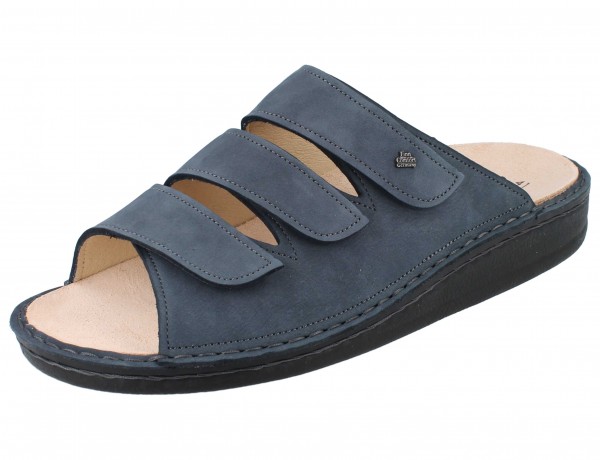 Damen/ Herren Pantolette mit drei Riemen aus Marineblauem Nubukleder 