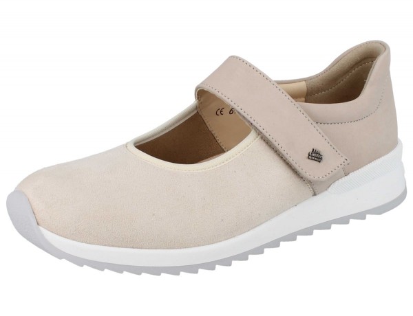 Finn Comfort beige Damen Ballerina, Klettriemen, heller Sohlenrand, Nubukleder und Stretch