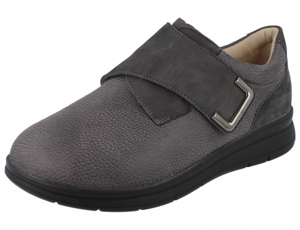 Finn Comfort Damen Kletthalbschuhe in Grau, Nubukleder und Stretch, Metallschmuckstein auf dem Klettverschluss , schwarze Sohle