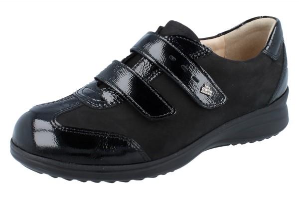 Finn Comfort Damen bequeme Kletthalbschuhe schwarz Knautschlack und Nubukleder