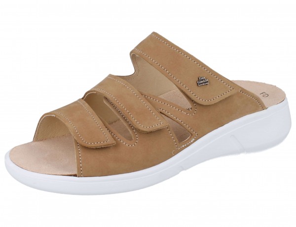 leichte Damenklettpantolette beige Nubukleder mit weißer Sohle und Wechselfußbett