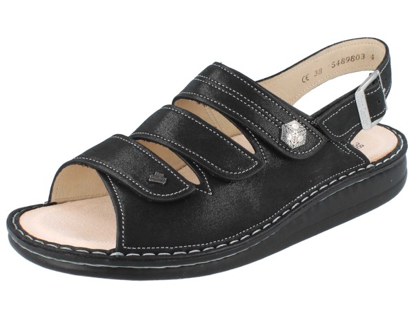 glänzende Damen Nubukleder Klettsanale mit drei Reimen Dornverrschlussfersenriemen weiße Nähte Metallemblem