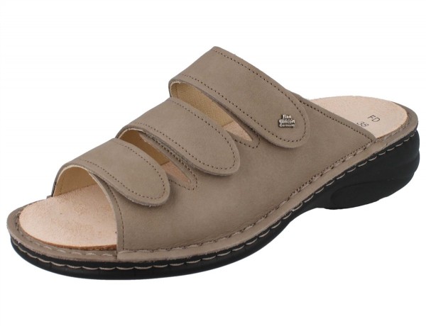 beige Glattleder Damen Pantolette mit drei Klettriemen schwarze Sohle