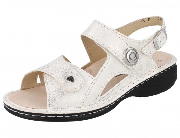 Creme Damen Sandale mit Goldschimmer zwei Klettriemen Glattleder schwarze Sohle