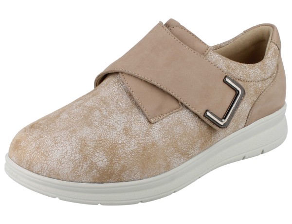 beiger Stretch Klett Halbschuh mamoriert ein Riemen Metall weiße Sohle