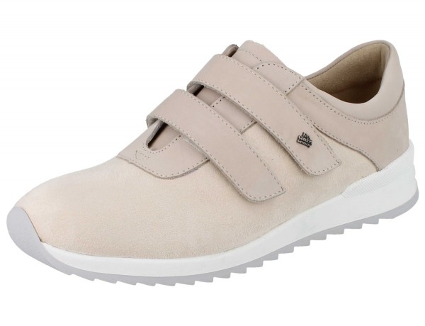 Finn Comfort beige Damen Kletthalbschuhe, zwei Klettriemen, heller Sohlenrand, Nubukleder und Stretch 