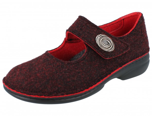 Finn Comfort Ramsau Damen Filzclogs Hausschuhe aus Doublefilz, außen Dunkelrot, innen leuchtendes Rot, Metall-Schmuckstein auf Klettriemen 