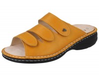 gelbe Damenbequempantolette mit 3 Klettverschlüssen aus Glattleder mit Wechselfußbett gelbe Damenbequempantolette mit 3 Klettverschlüssen aus Glattleder mit Wechselfußbett