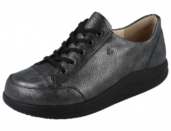 Finn Comfort Damen Schnürschuhe mit dunkler Abrollsohle Carbon Grau Glattleder