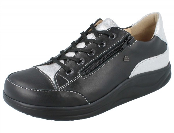 Schwarz silberner Glattleder Damen Abrollschuh mit Schnürung und Reißverschluss
