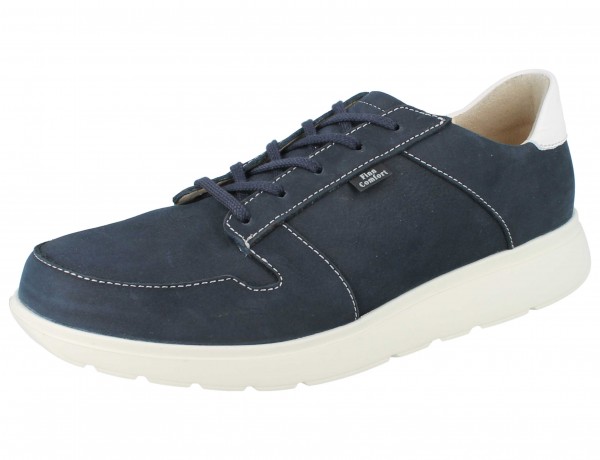 Finn Comfort sportlicher, dunkelblauer Herren Schnürschuh, heller Sohlenrand, weiße Naht und Fersenkappendetails