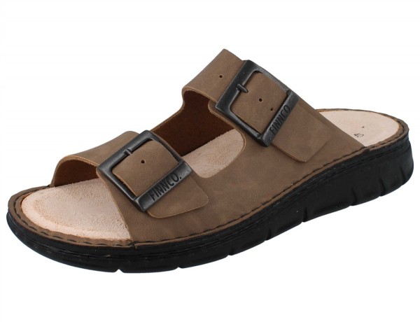 Trendige Herren Pantolette, zwei verstellbare Riemen mit Dornschließe aus Nubukleder in Hellbraun mit dunkler Sohle