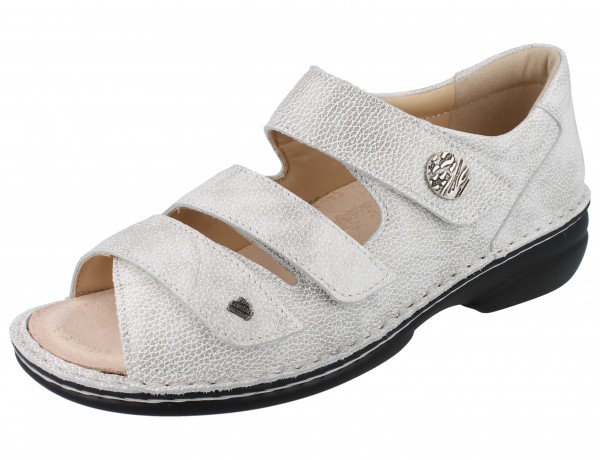 Beige Glattleder Damen Sandale mit Weichfußbett, drei Klettriemen und dunkler Laufsohle