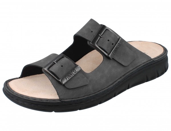 Finn Comfort Herren Pantolette zwei Riemen Dornschließe grau Nubukleder