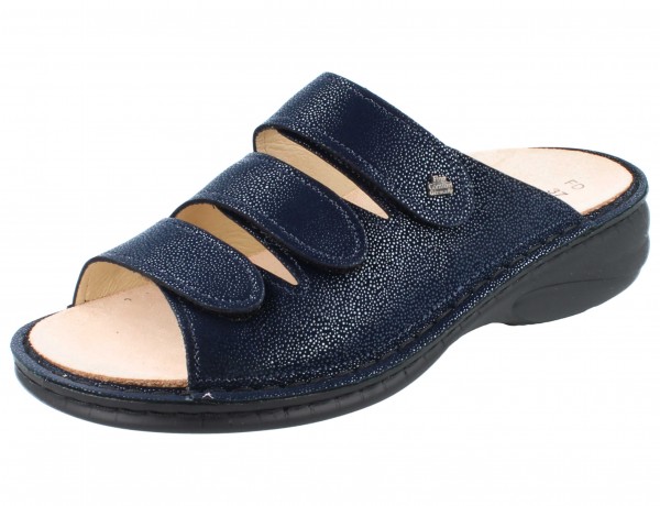 Dunkelblaue Damen Pantoletten aus gepunktetem Glattleder
