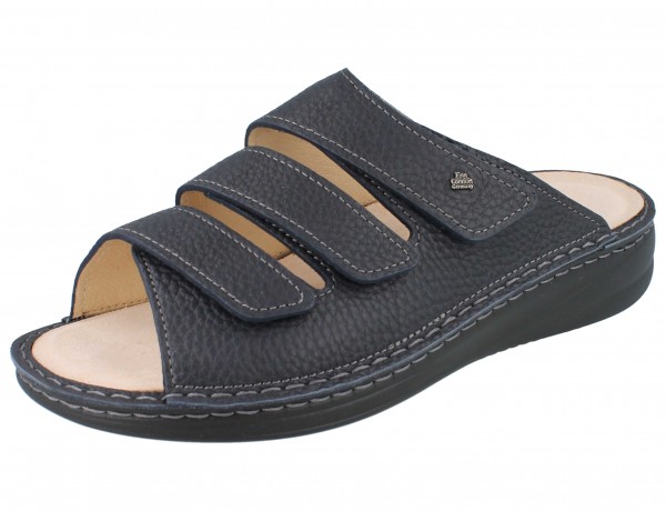 Finn Comfort extra weiche Herren Pantolette mit drei Klettriemen aus genarbtem Glattleder in Navyblau