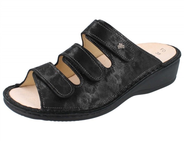 Schwarze Damen Pantolette aus Nubukleder mit drei Klettriemen