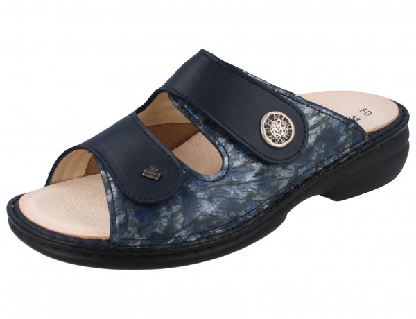 zweifarbig blau und blau melierte Damen Stretch Pantolette mit zwei Klettriemen Metallemblem Hallux
