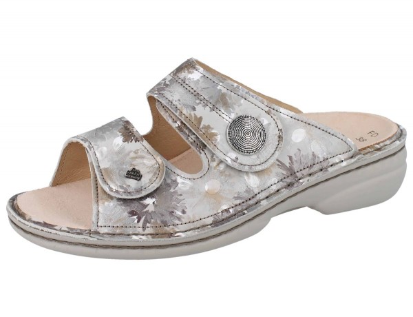 Beige gemusterte Damen Leder Hausschuhe mit zwei verstellbaren Klettverschlüssen