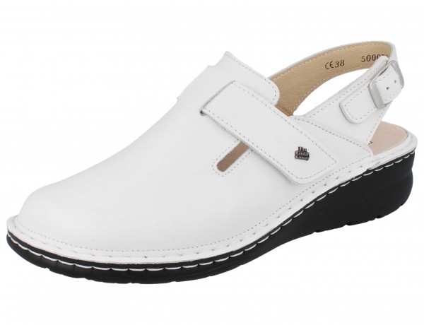 Antistatischer Damen Clog aus weißem Glattleder und schwarzer Sohle mit einem Klettriemen über Rist sowie verstellbaren Fersenriemen 