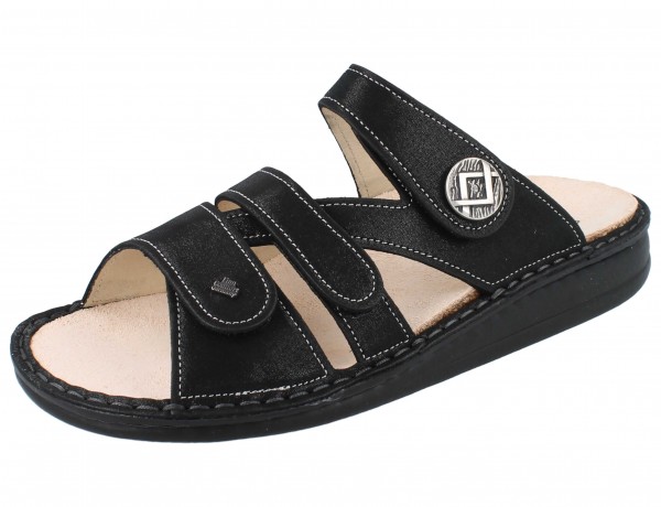 schwarz schimmernde Damen Klettpantolette mit drei Riemen Wechselfußbett