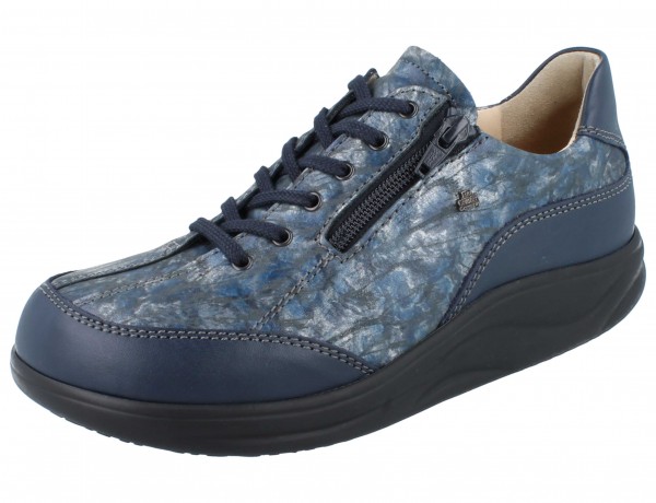 Finn Comfort Damen Schnürhalbschuh mit seitlichem Reißverschluss, Abrollsohle, bedrucktes Nubukleder und Glattleder in Marineblau