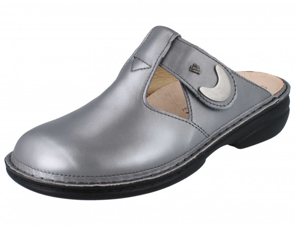 Finn Comfort Damen Clog mit Reißverschluss und Schmuckstein grausilber Glattleder