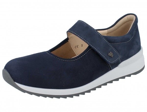 Finn Comfort dunkelblaue Damen Ballerina, Klettriemen, heller Sohlenrand, Nubukleder und Stretch