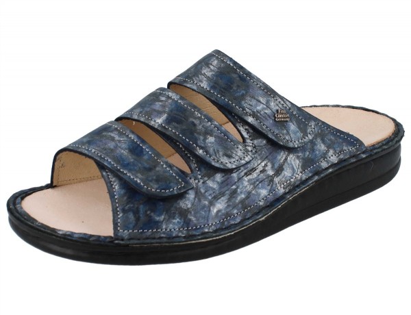 blau grau gemustert glänzende Damen Pantolette drei Klettriemen schwarze Sohle Wechselfußbett
