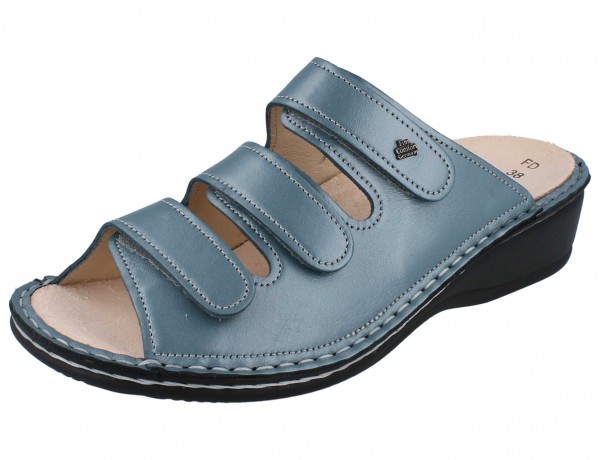 Metallic blaue Damen Pantolette Pisa mit drei Klettriemen