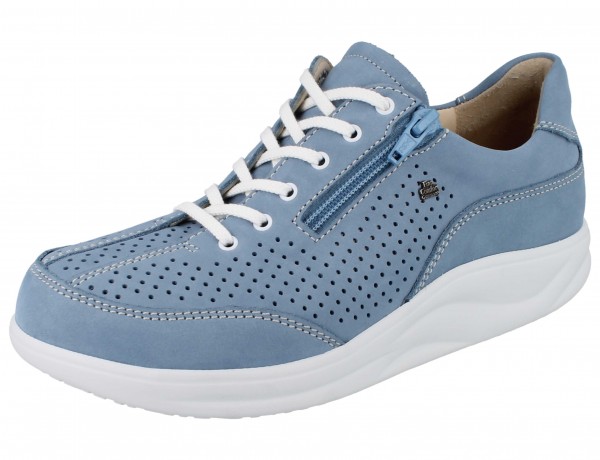 Hellblauer Damen Schnürschuh mit Reißverschluss weißer Sohle und Schnürung Abrollsohle gelochtes Nubukleder