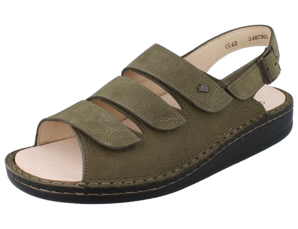 Farngrüne Damen und Herren Sandalen mit drei Klettriemen und flacher Laufsohle