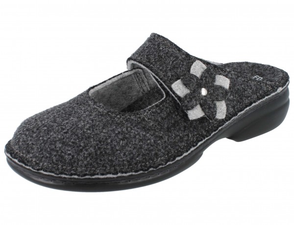 Finn Comfort Arlberg Damen Hausschuhe Clogs in Anthrazit, Filzblume auf dem Klettverschluss, schwarze Sohle
