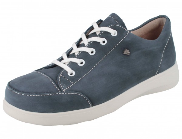 Grau blauer Damen Schnürschuh mit weißer Schnürung und weißer Laufsohle