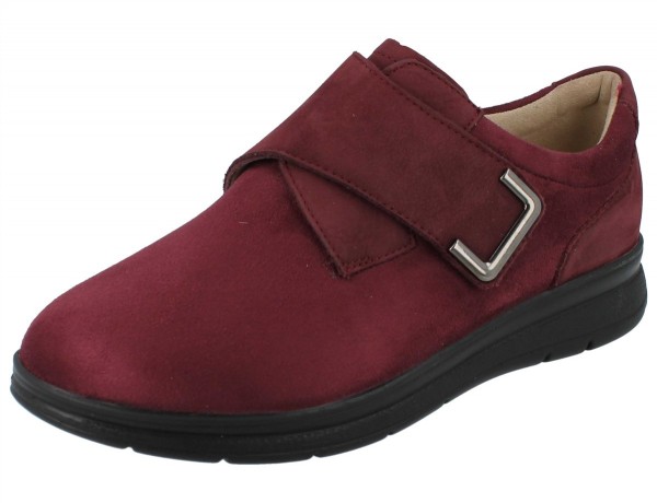 bordo roter Damen Kletschuh mit einem Riemen Stretch Metallemblem schwarze Sohle