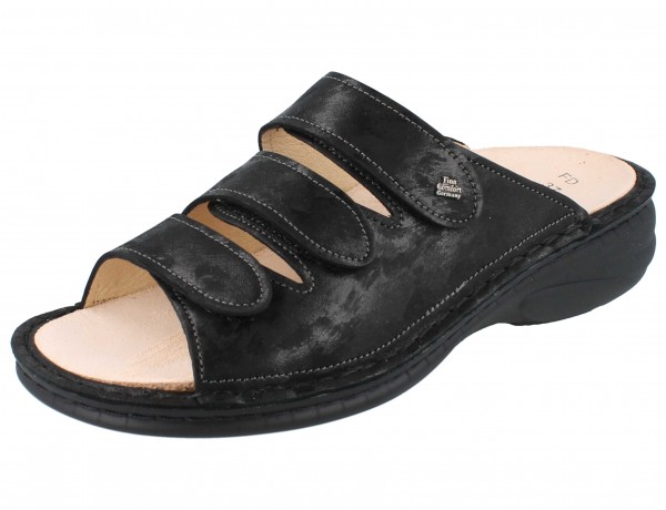 Finn Comfort Damen Pantolette mit drei Klettriemen aus Effekt-Nubukleder in Schwarz 