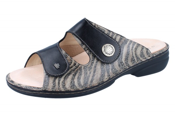 FINN COMFORT FINNSTRETCH Zeno Damen Pantolette grau grey/schwarz Zebra/Stretch