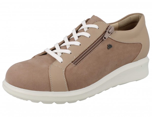 Damen Schnürhalbschuh in Beige mit seitlichem Reißverschluß, weiße Senkel und helle Sohle 