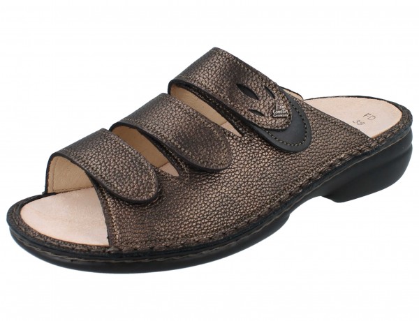 Finn Comfort Damen Pantolette mit drei Klettrimen aus genarbtem Glattleder in Kupfer