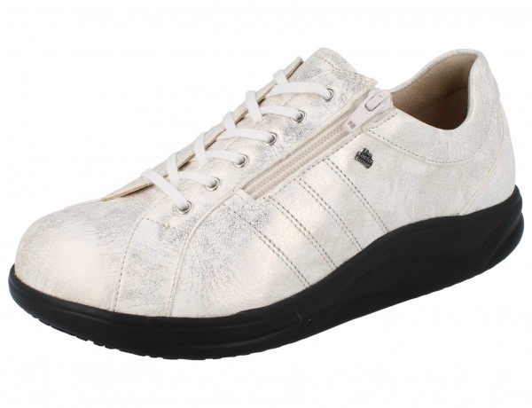 Sommerlicher Schnürschuh mit seitlichem Reißverschluss und Abrollsohle aus cremefarbenem Nubukleder mit Goldschimmer